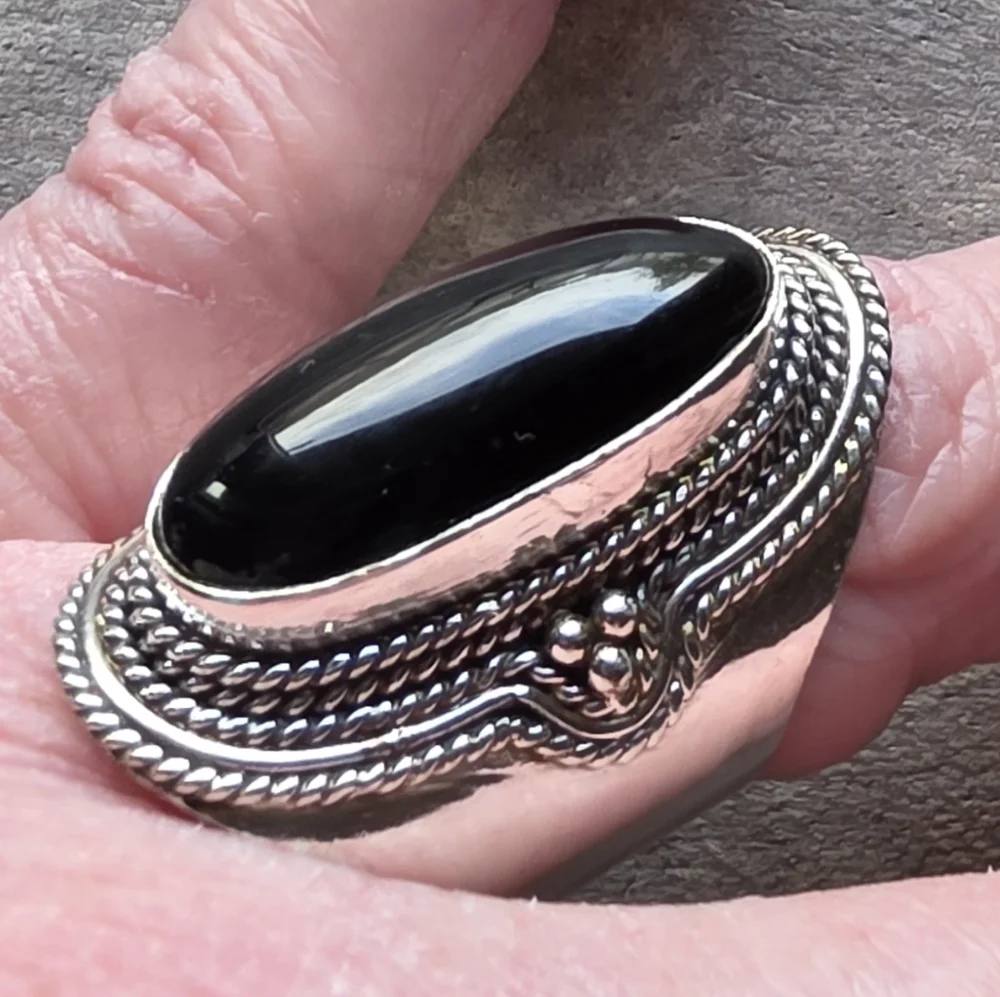 Long Black Onyx Boho Ring in 925 Sterling Silver (snug 9)
